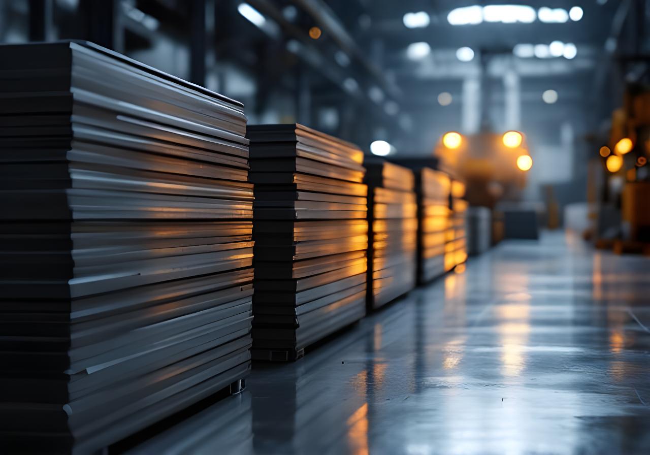 Láminas de aluminio apiladas en una planta industrial con iluminación tenue y reflejos metálicos